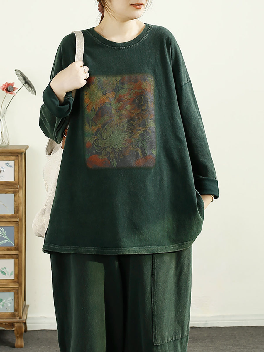 Women Autumn Worn Flower O-Neck Cotton Sweatshirt