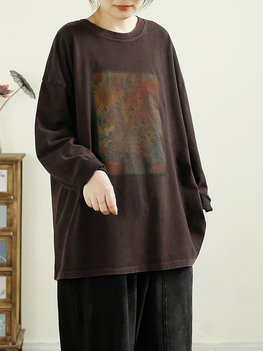 Women Autumn Worn Flower O-Neck Cotton Sweatshirt