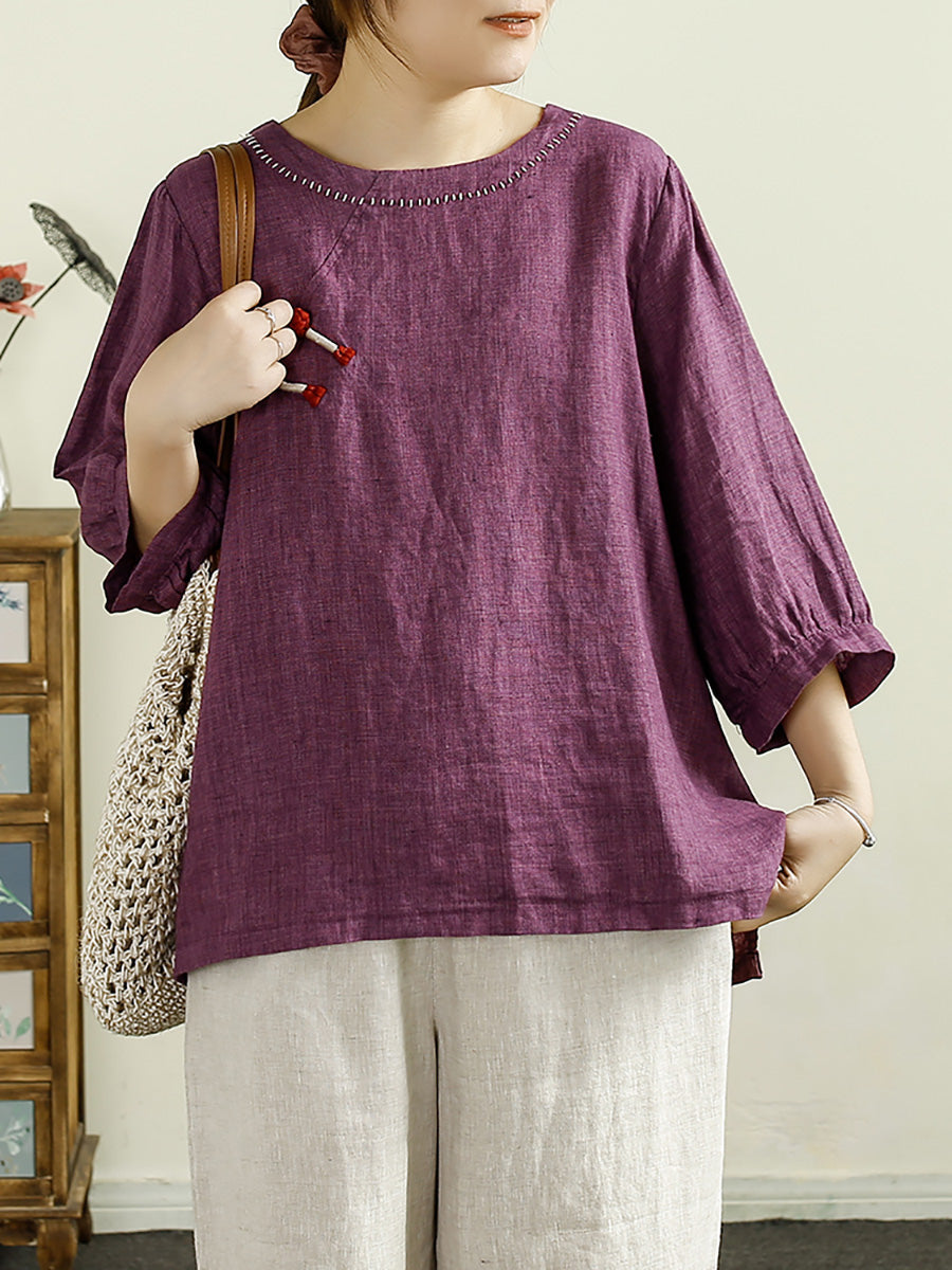 Women Summer Vintage Buckle O-Neck Linen Shirt