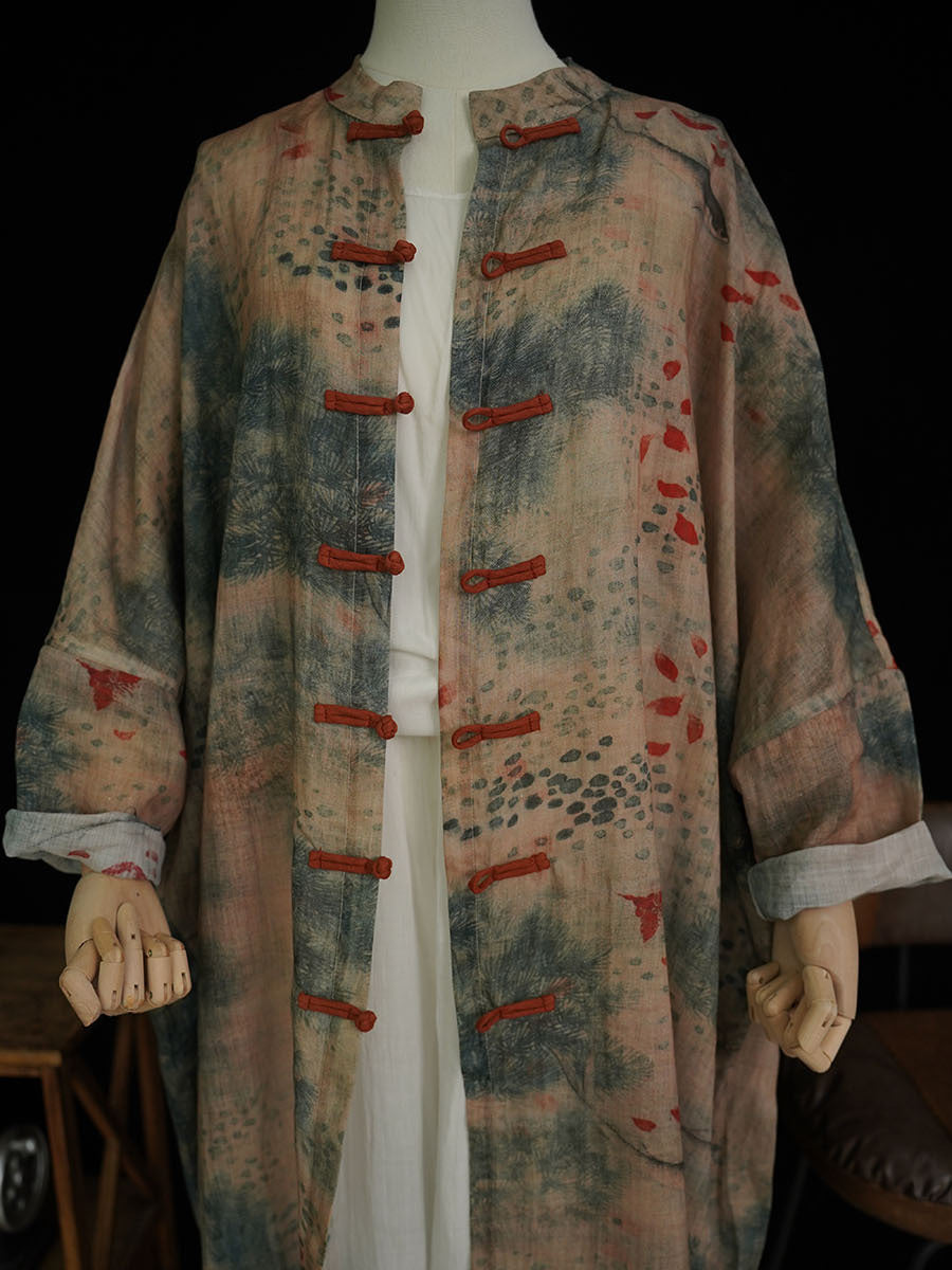 Women Autumn Ethnic Print Button Ramie Long Shirt Coat