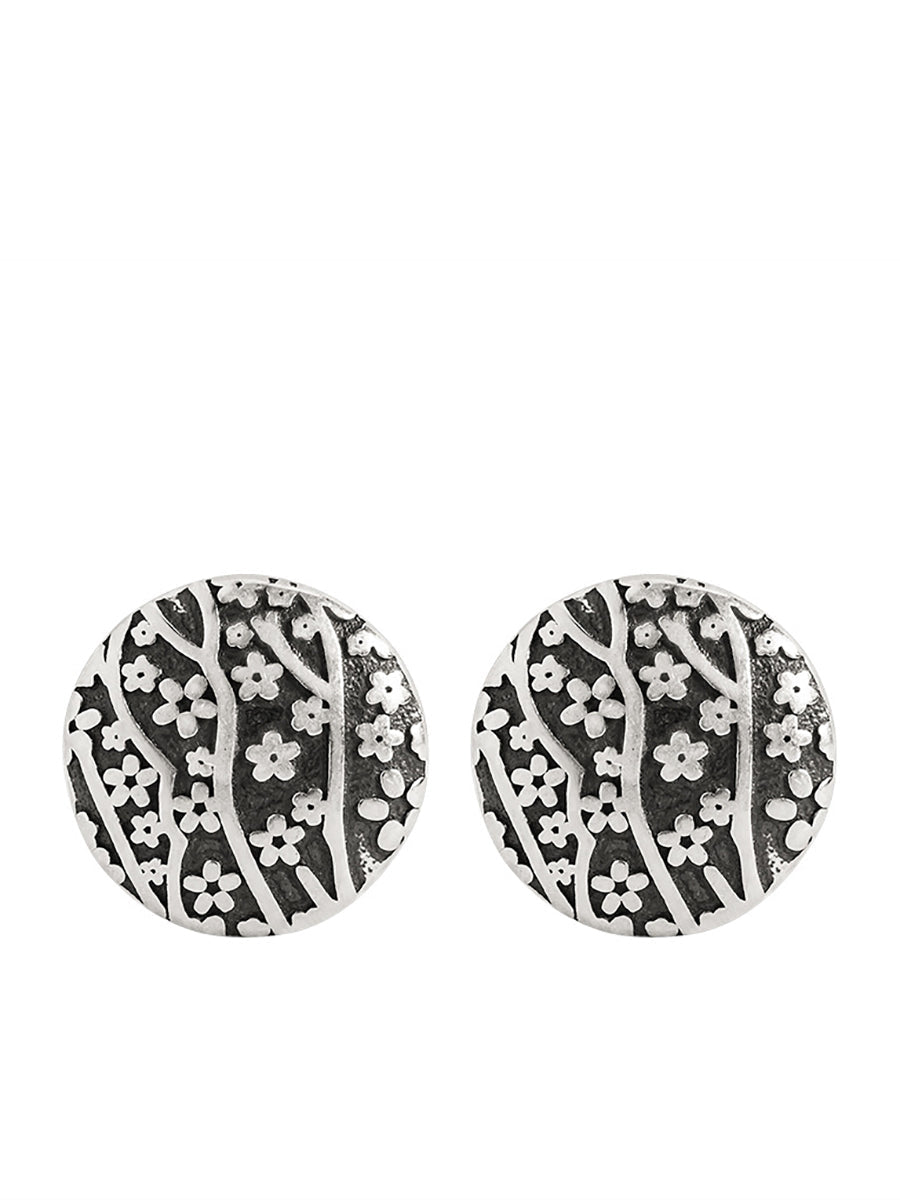 Women Vintage Sliver Flower Carve Round Earrings