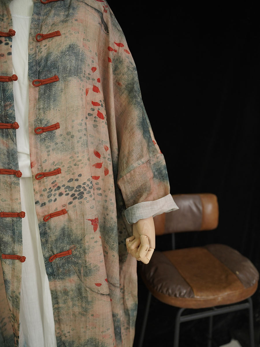 Women Autumn Ethnic Print Button Ramie Long Shirt Coat