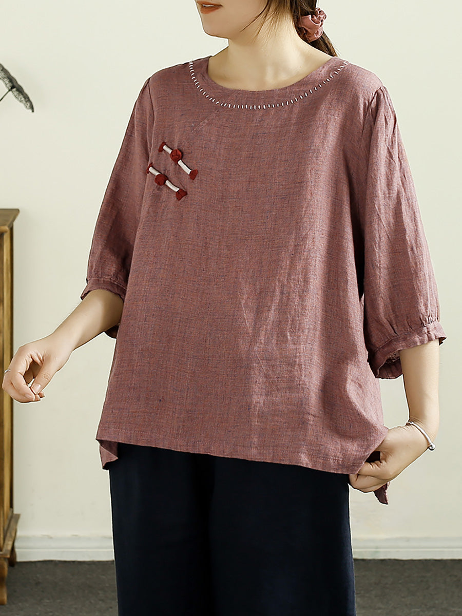 Women Summer Vintage Buckle O-Neck Linen Shirt