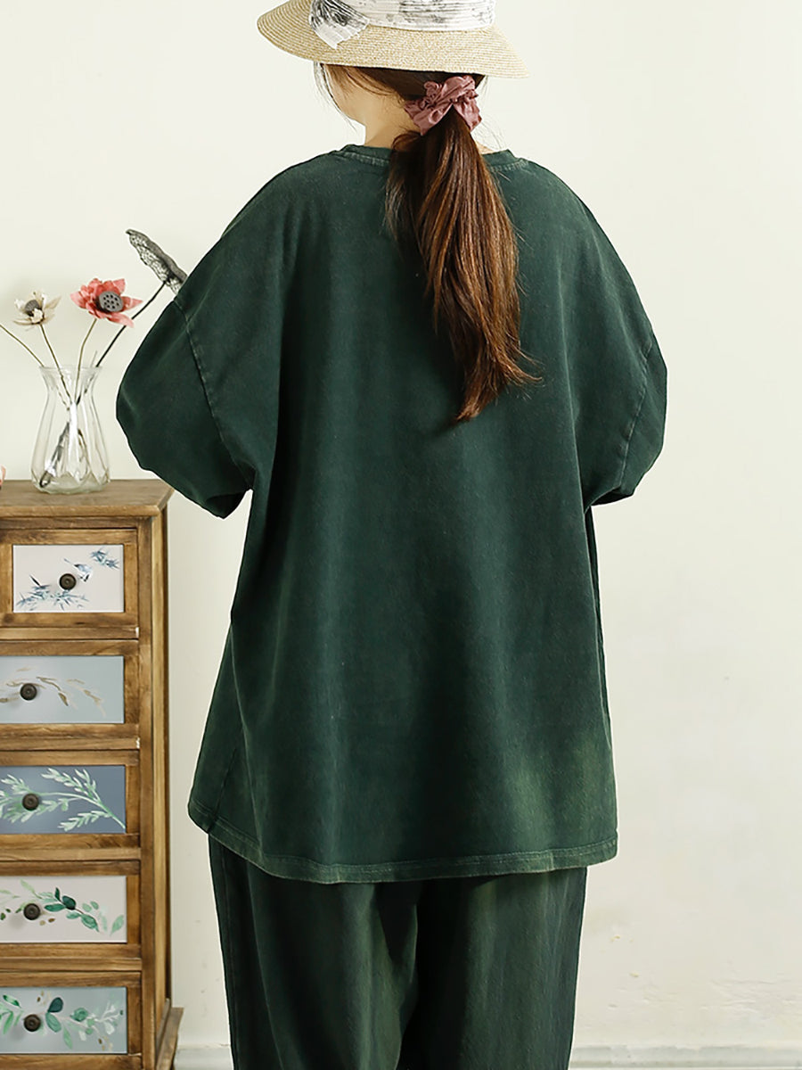 Women Autumn Worn Flower O-Neck Cotton Sweatshirt