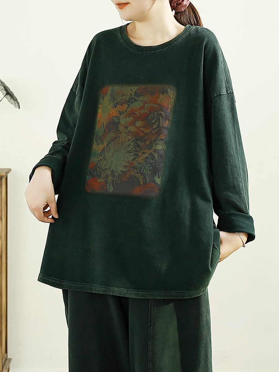 Women Autumn Worn Flower O-Neck Cotton Sweatshirt