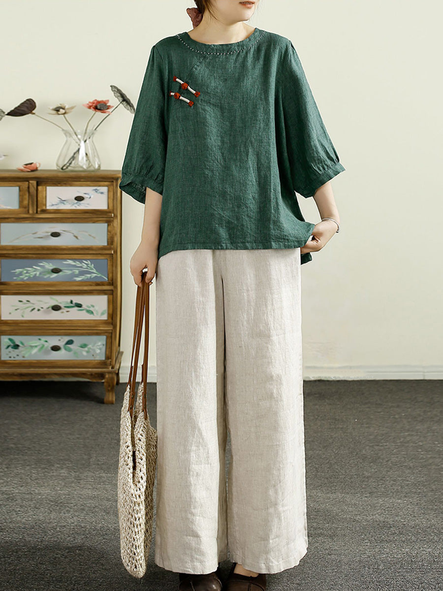 Women Summer Vintage Buckle O-Neck Linen Shirt