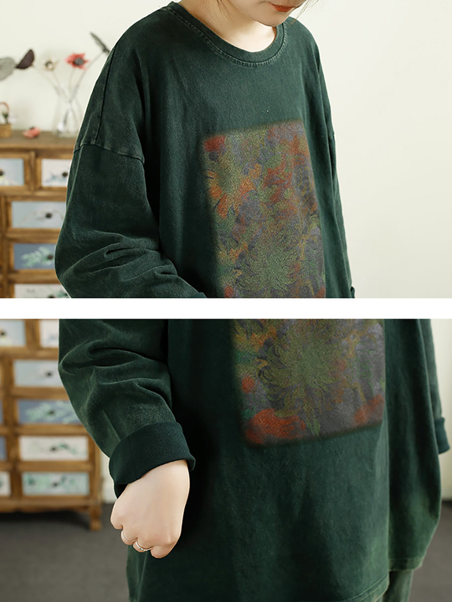 Women Autumn Worn Flower O-Neck Cotton Sweatshirt