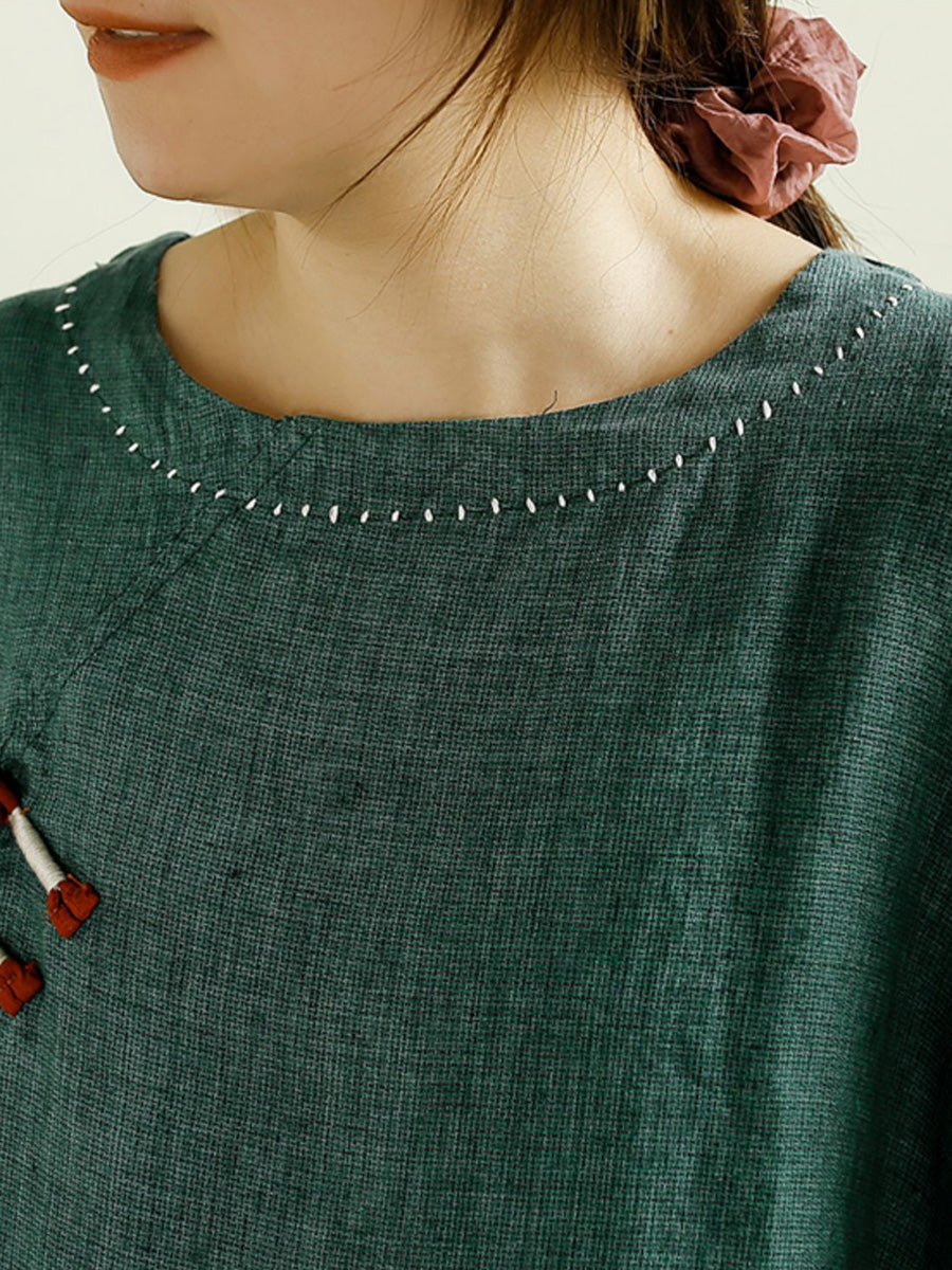 Women Summer Vintage Buckle O-Neck Linen Shirt