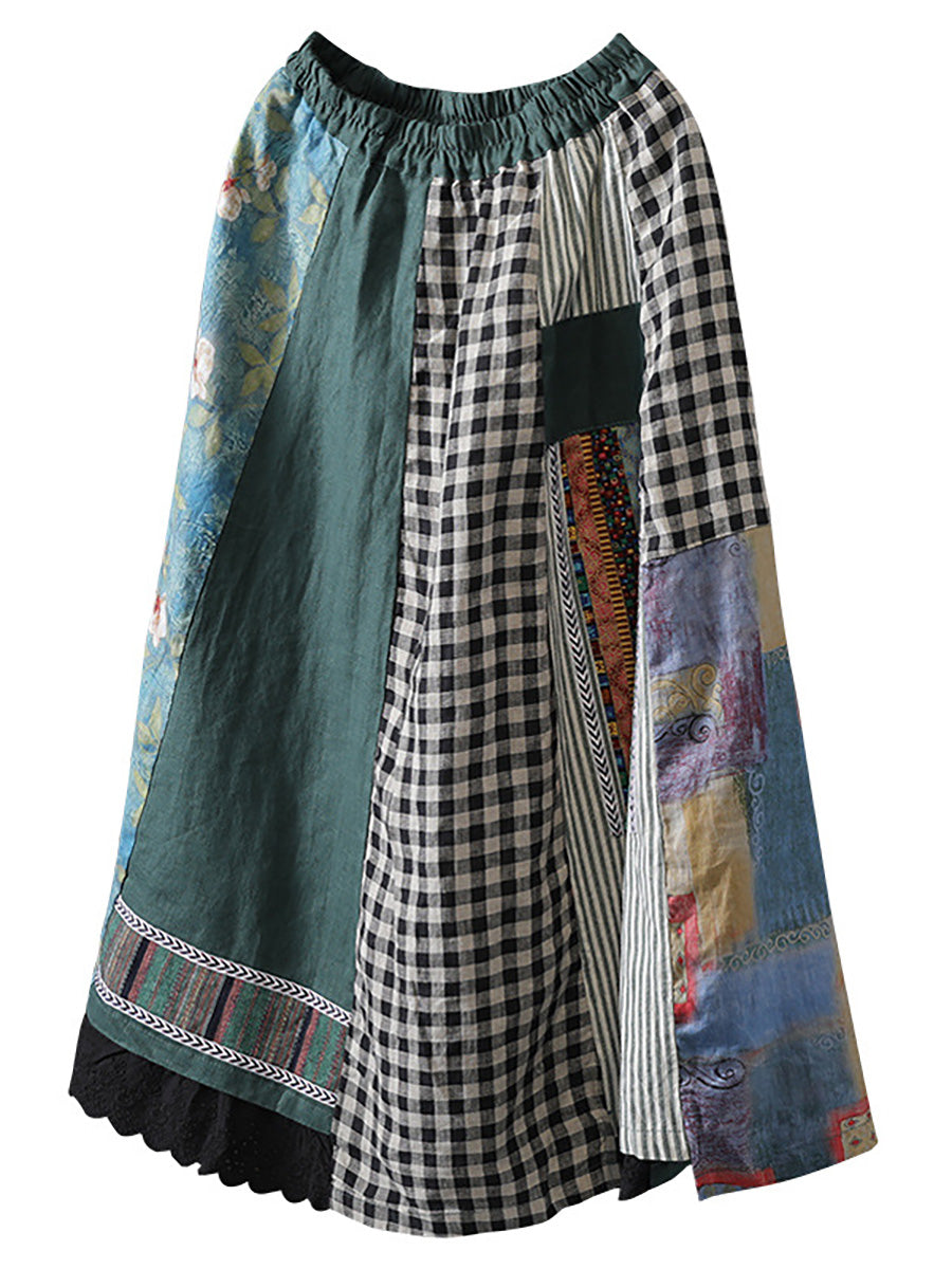 Plus Size Irregular Print Spliced Casual 100% Linen A-line Skirt