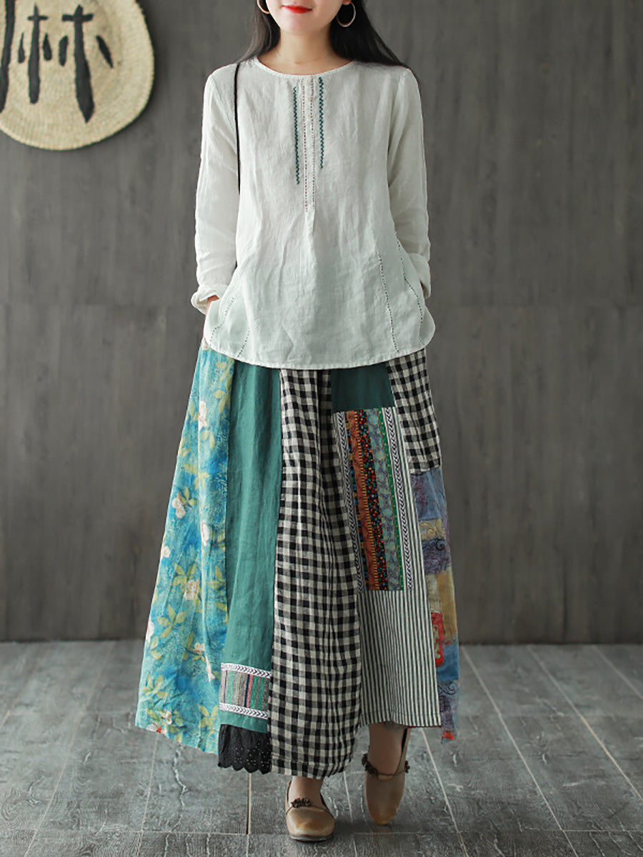 Plus Size Irregular Print Spliced Casual 100% Linen A-line Skirt