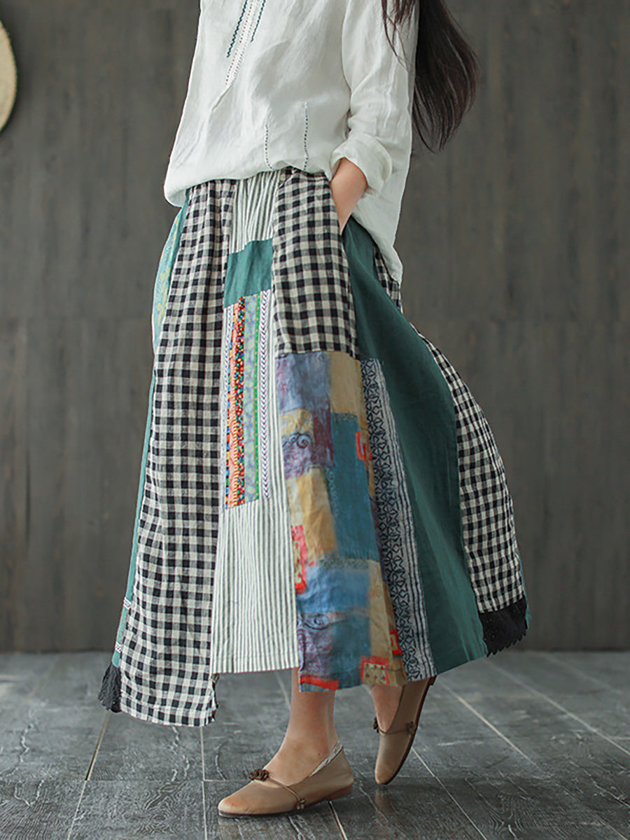 Plus Size Irregular Print Spliced Casual 100% Linen A-line Skirt