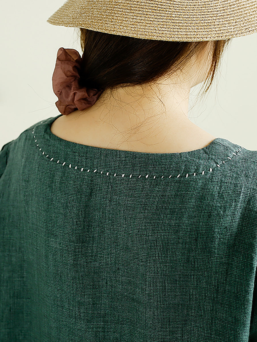 Women Summer Vintage Buckle O-Neck Linen Shirt