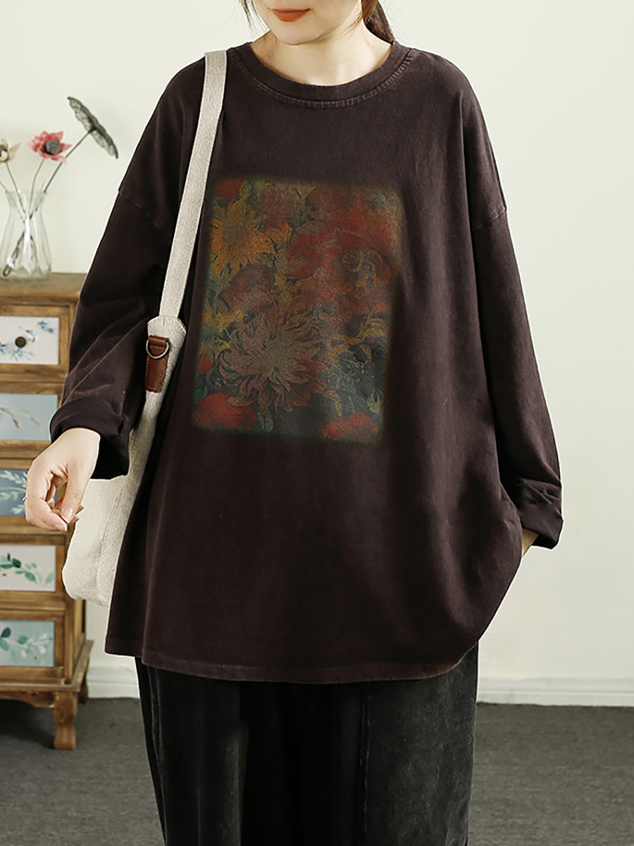 Women Autumn Worn Flower O-Neck Cotton Sweatshirt