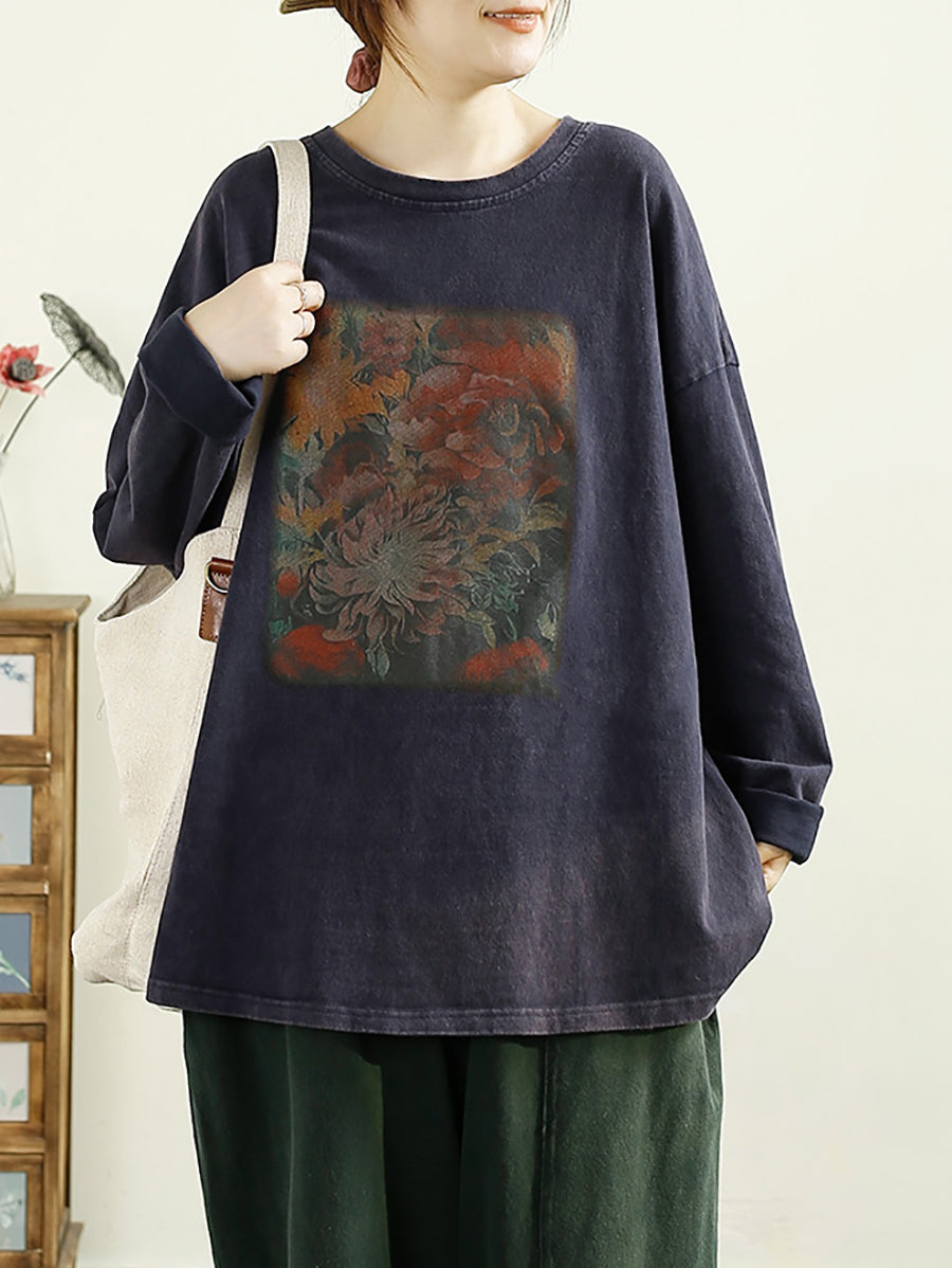 Women Autumn Worn Flower O-Neck Cotton Sweatshirt