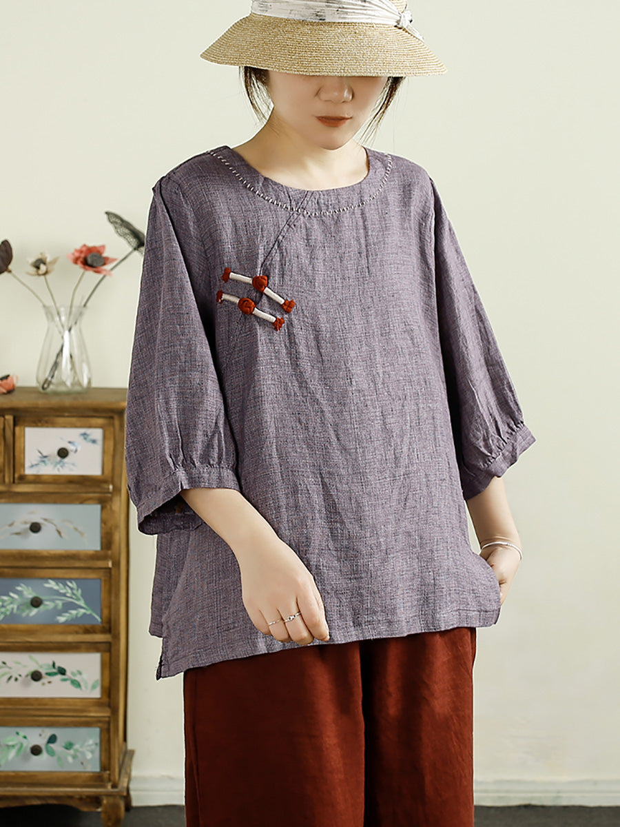 Women Summer Vintage Buckle O-Neck Linen Shirt