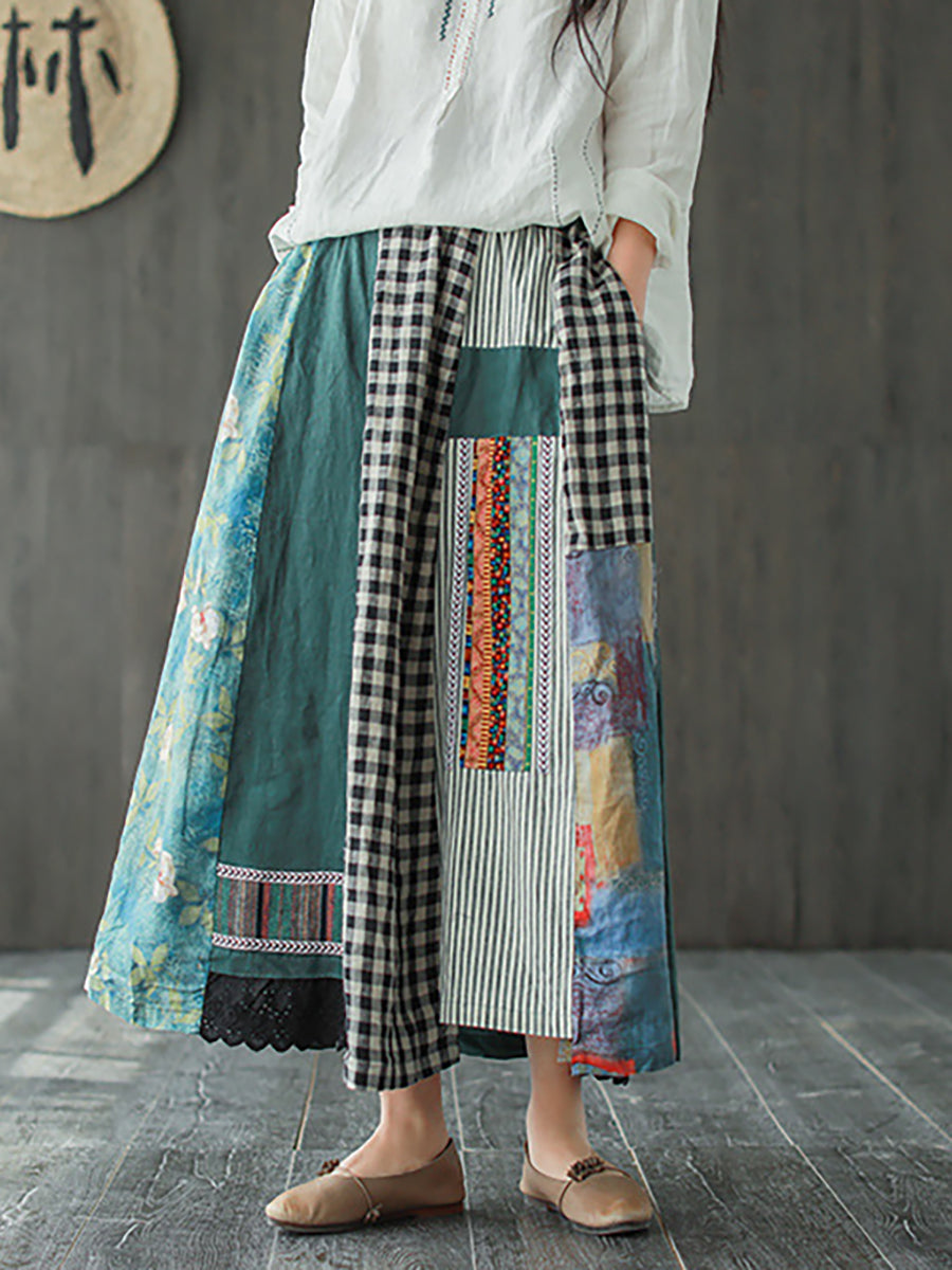Plus Size Irregular Print Spliced Casual 100% Linen A-line Skirt