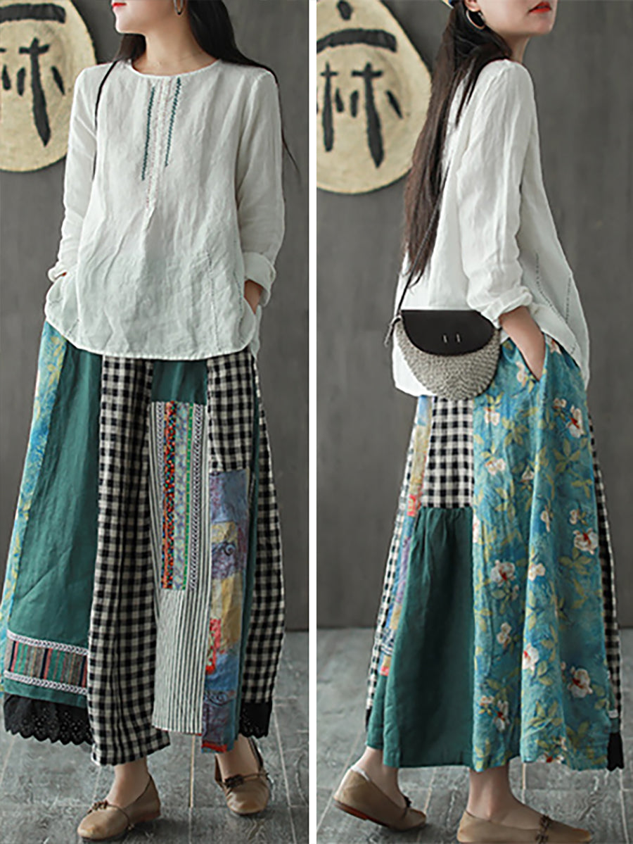Plus Size Irregular Print Spliced Casual 100% Linen A-line Skirt