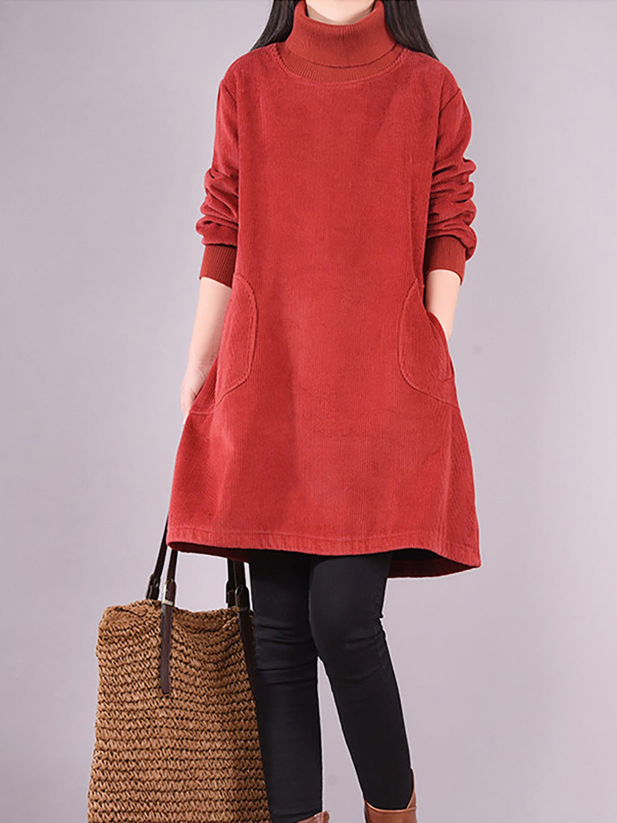 Plus Size Women Solid Color Fleece-lined Corduroy Dress