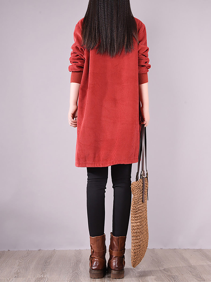 Plus Size Women Solid Color Fleece-lined Corduroy Dress