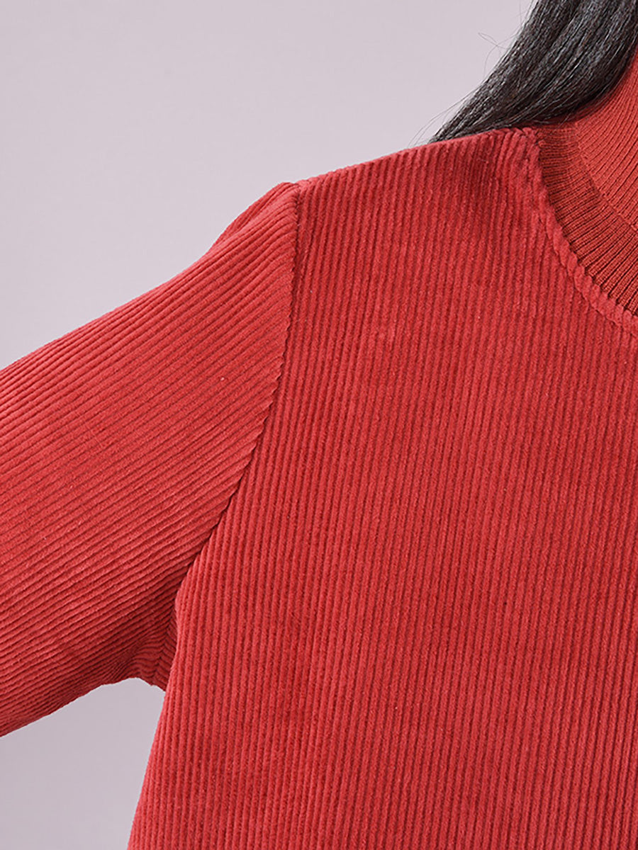 Plus Size Women Solid Color Fleece-lined Corduroy Dress