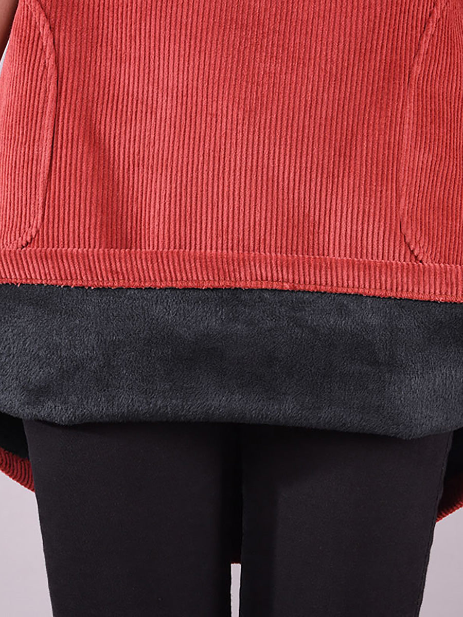 Plus Size Women Solid Color Fleece-lined Corduroy Dress