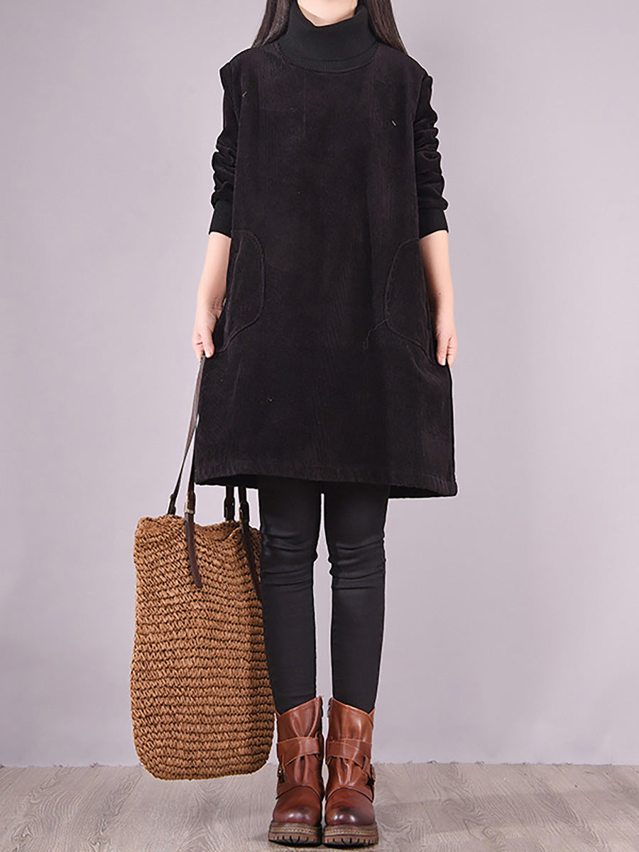 Plus Size Women Solid Color Fleece-lined Corduroy Dress