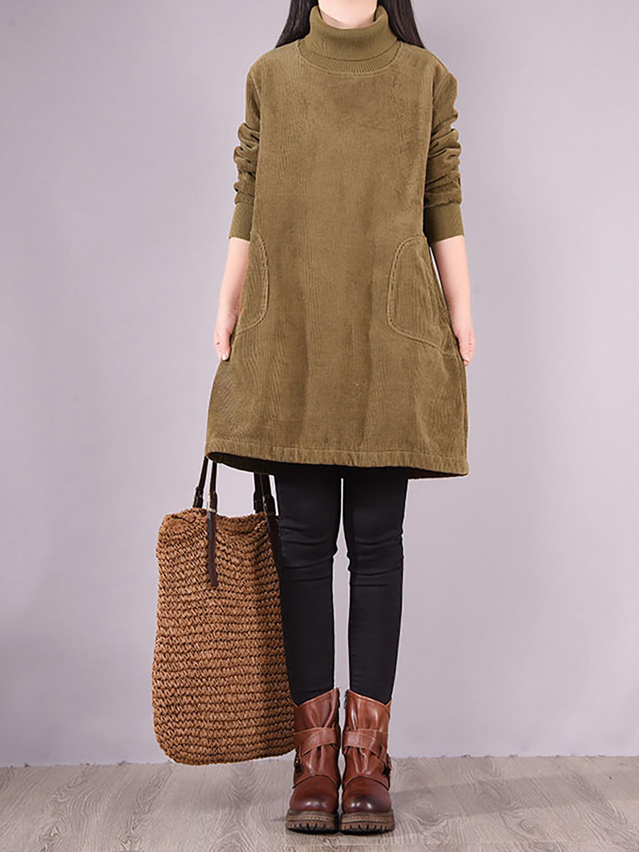 Plus Size Women Solid Color Fleece-lined Corduroy Dress