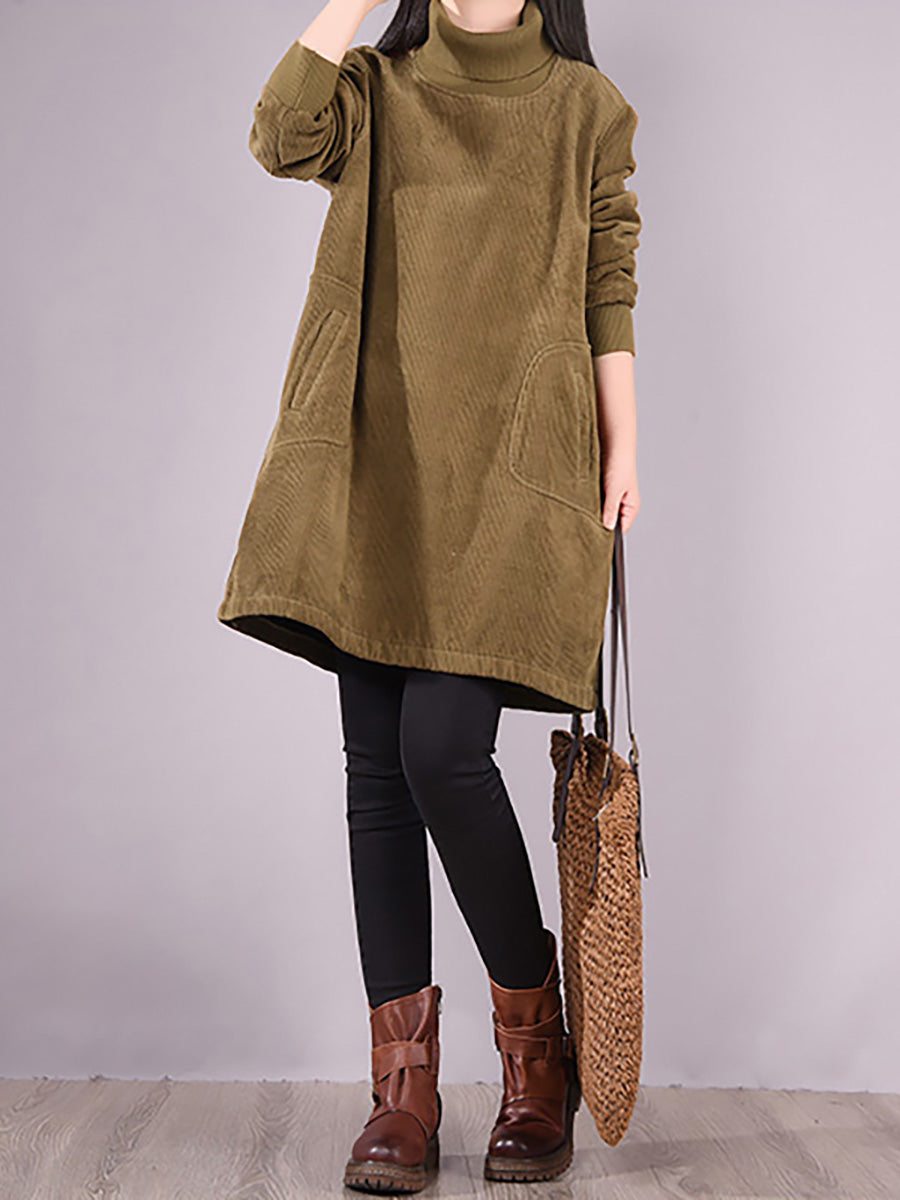 Plus Size Women Solid Color Fleece-lined Corduroy Dress