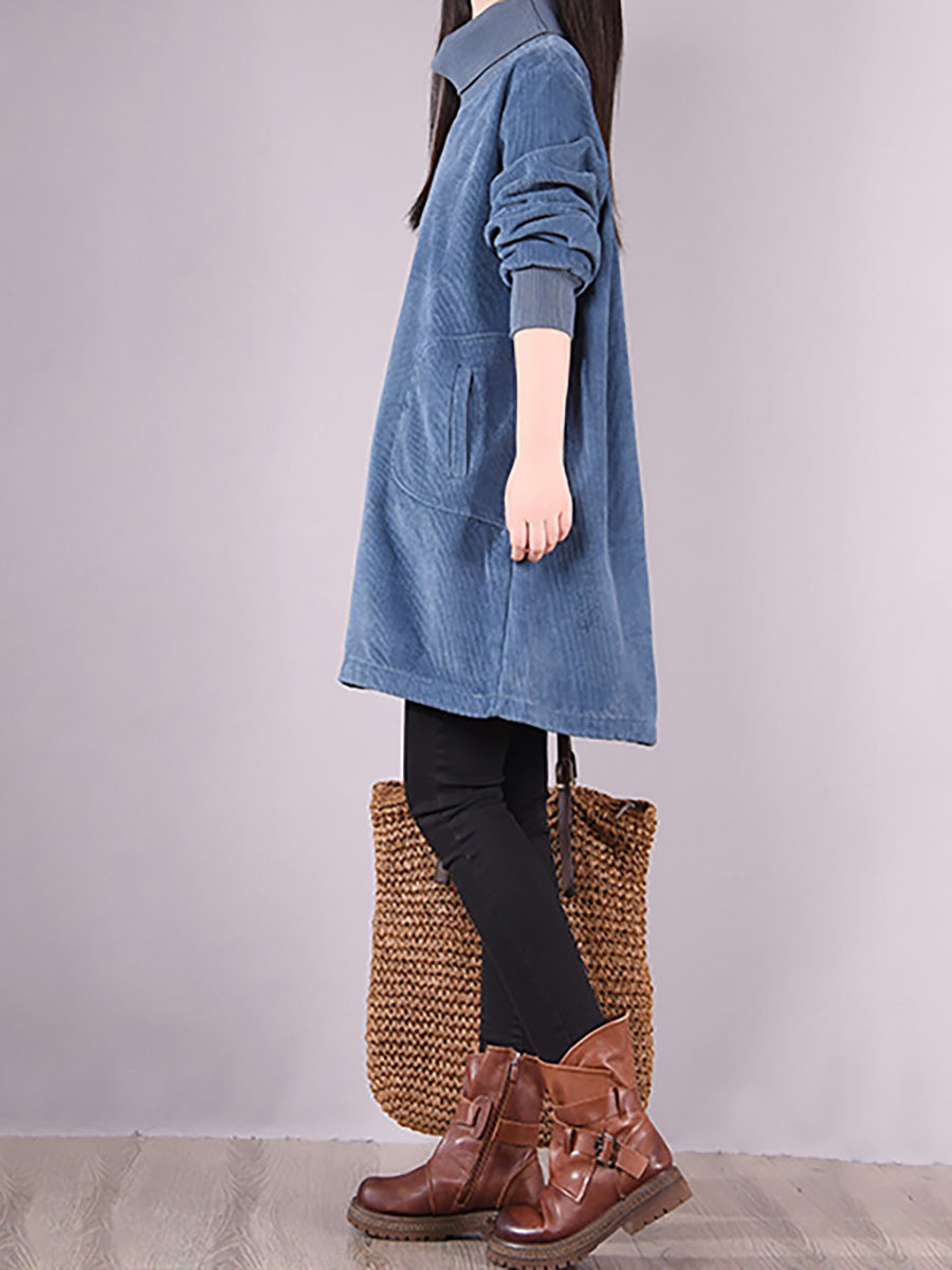 Plus Size Women Solid Color Fleece-lined Corduroy Dress