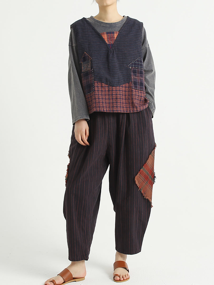 Plaid Patchwork Linen Loose Women Harem Pants