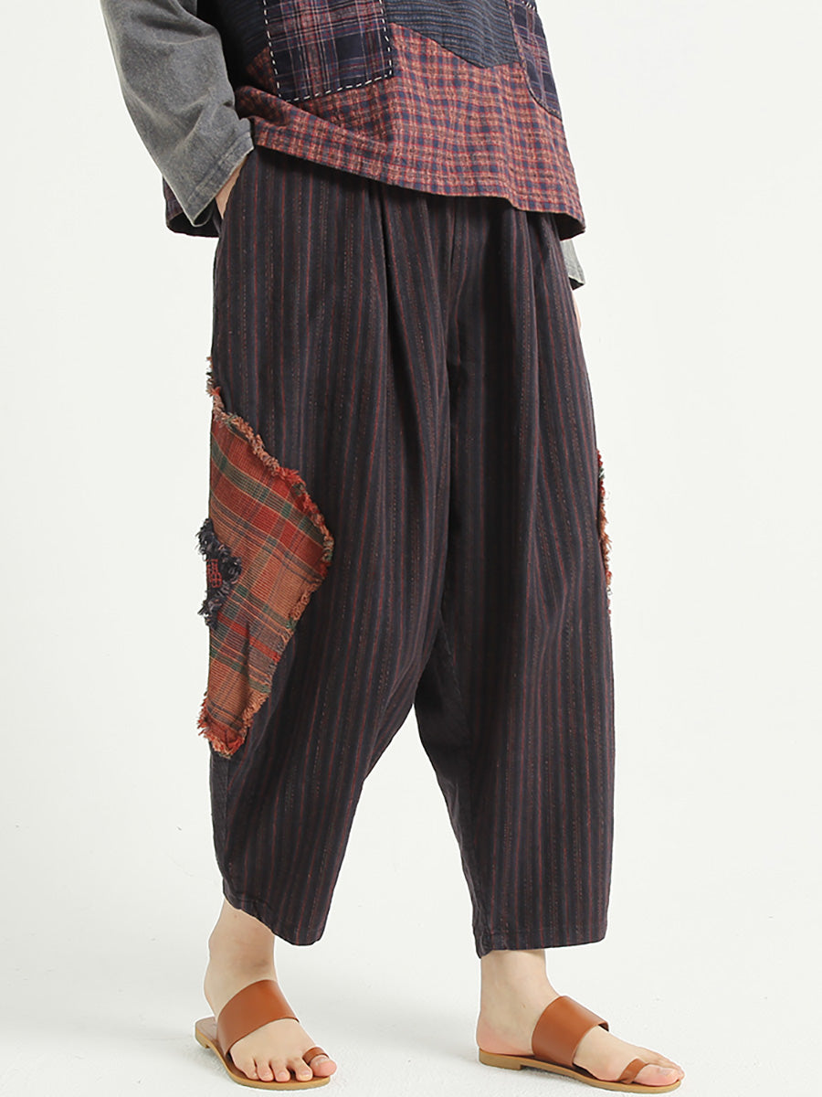 Plaid Patchwork Linen Loose Women Harem Pants