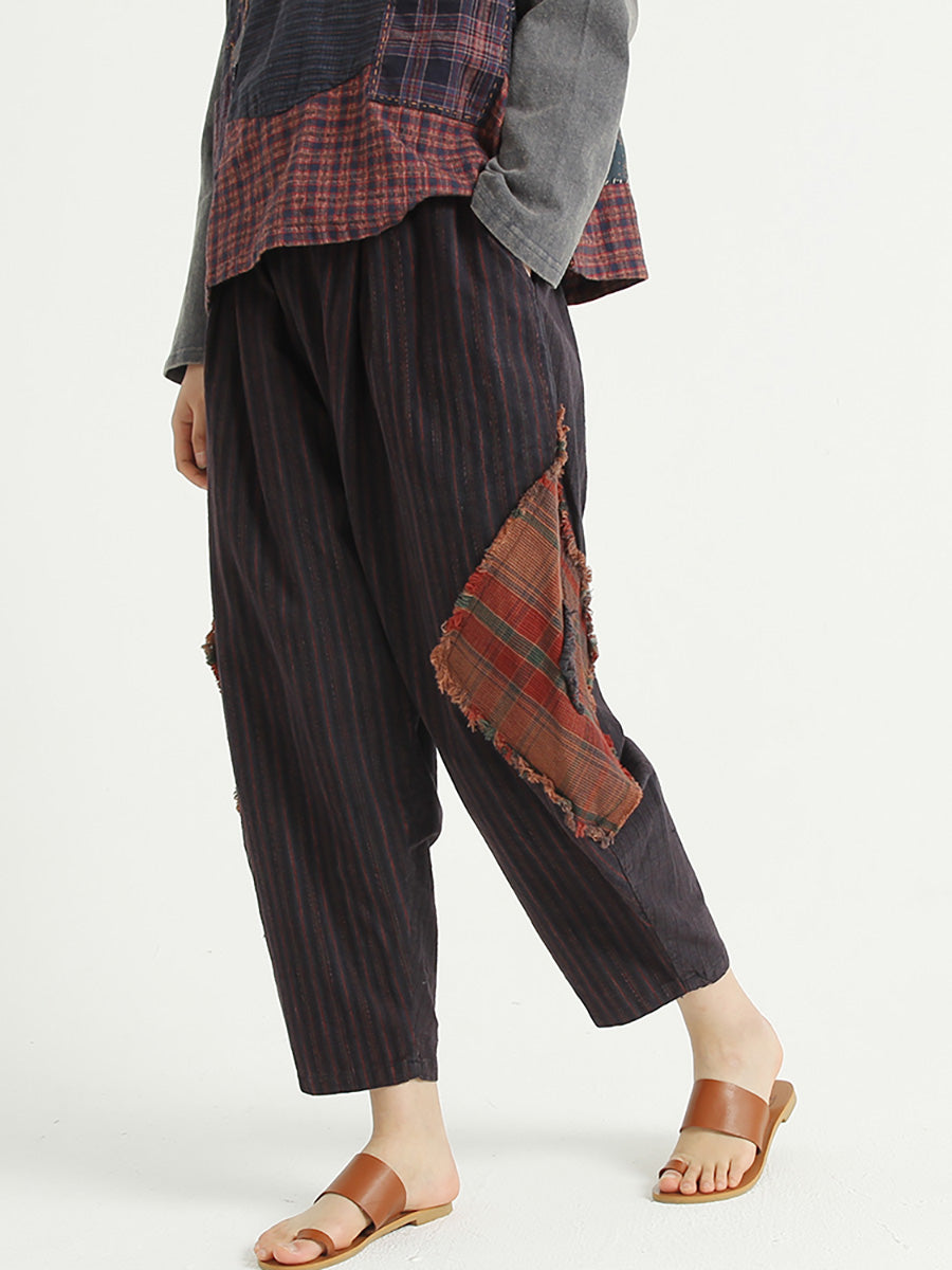 Plaid Patchwork Linen Loose Women Harem Pants