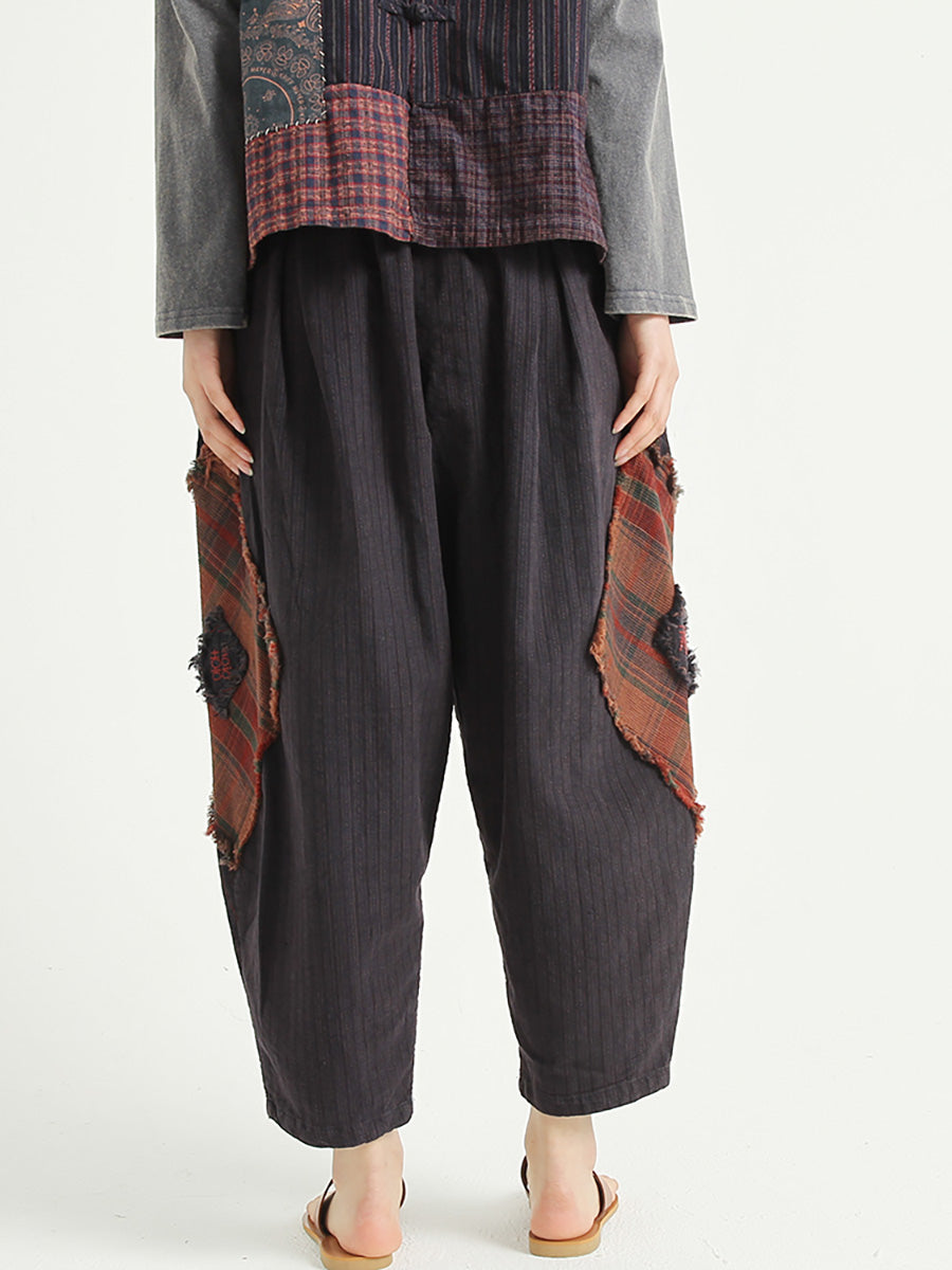 Plaid Patchwork Linen Loose Women Harem Pants