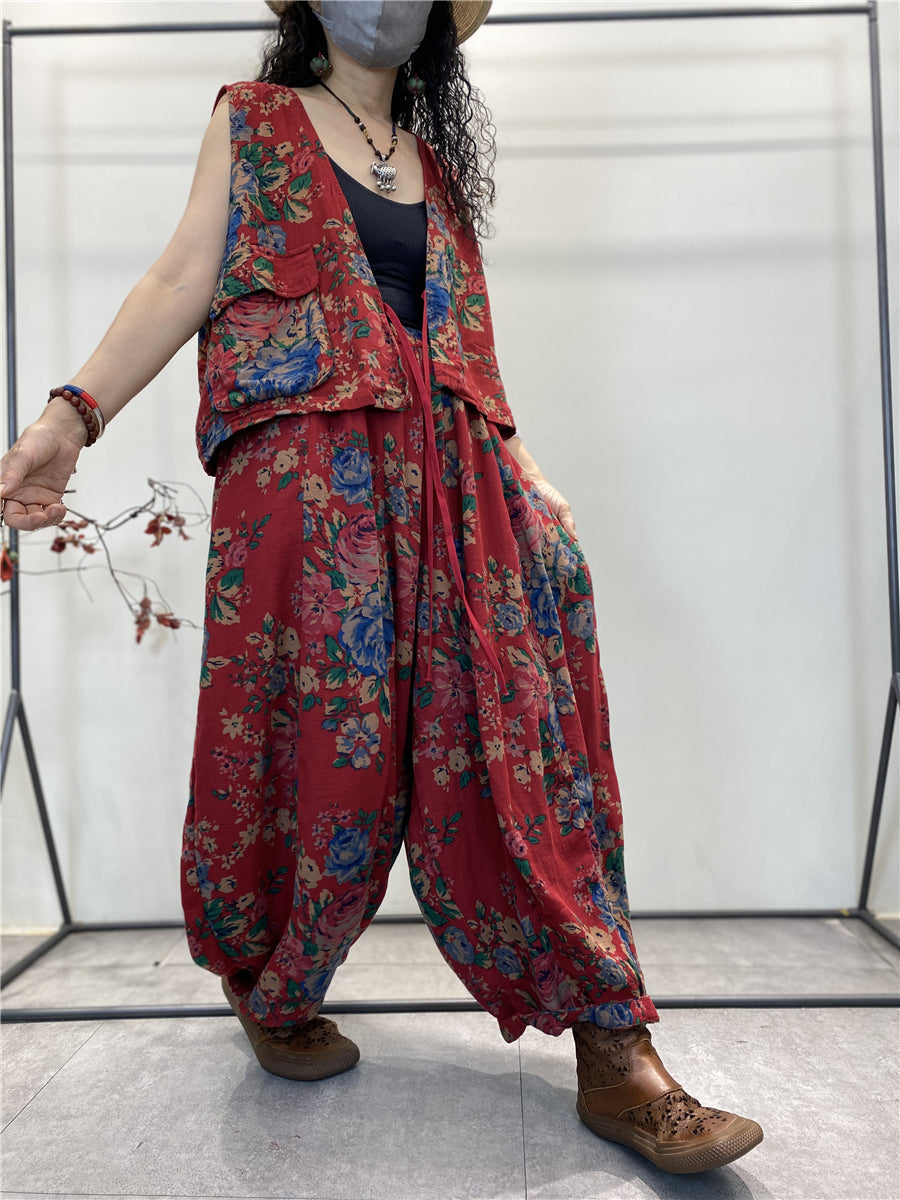 بنطلون نسائي صيفي بجيوب مزين بالزهور بمقاسات كبيرة