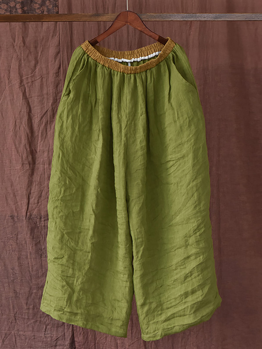Women Summer Vintage Colorblock Loose Linen Pants