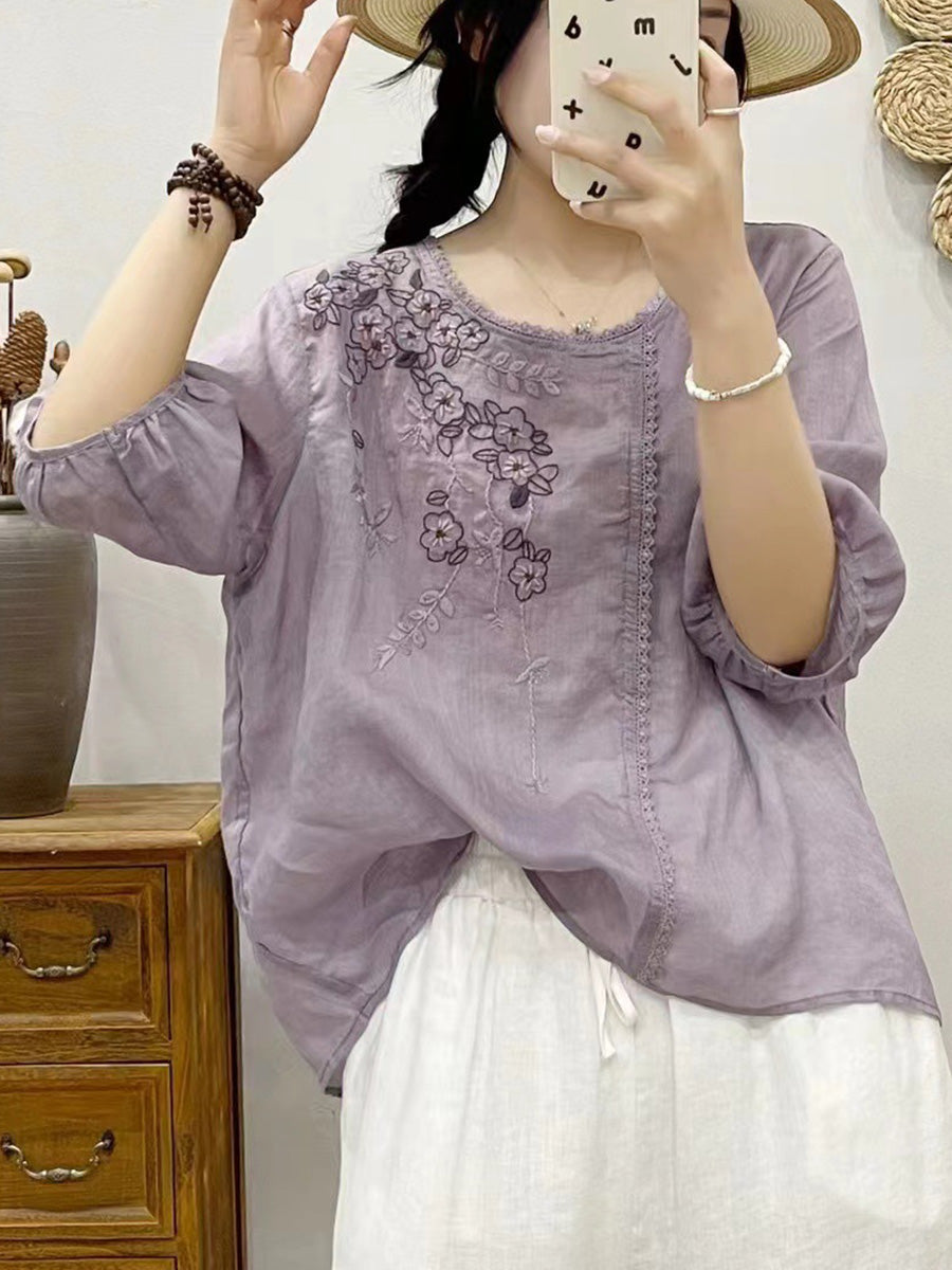 Women Summer Artsy Flower Embroidery Ramie Pullover Shirt