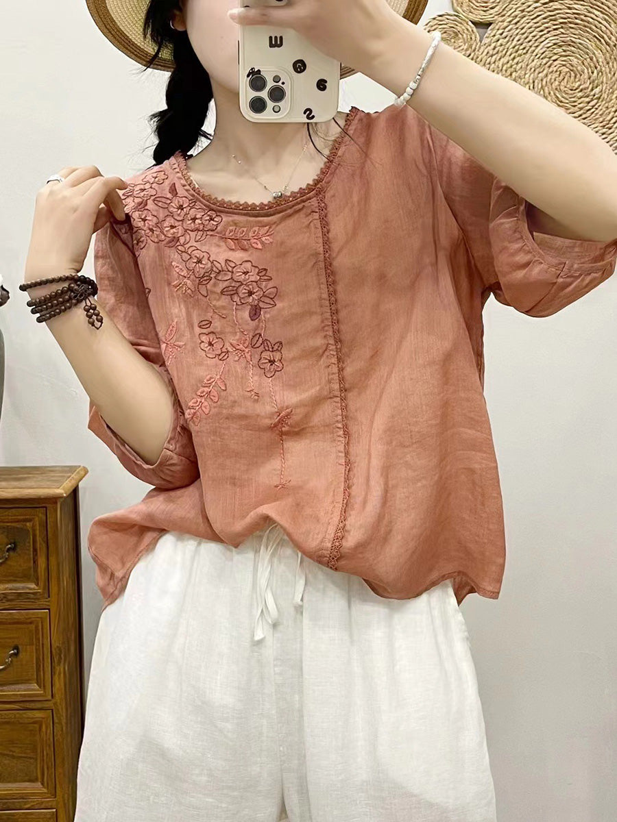 Women Summer Artsy Flower Embroidery Ramie Pullover Shirt