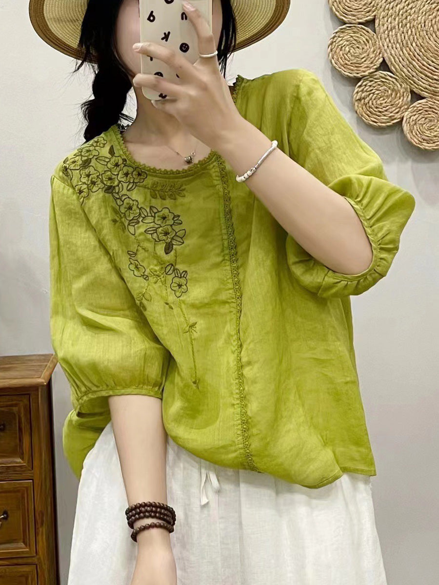 Women Summer Artsy Flower Embroidery Ramie Pullover Shirt