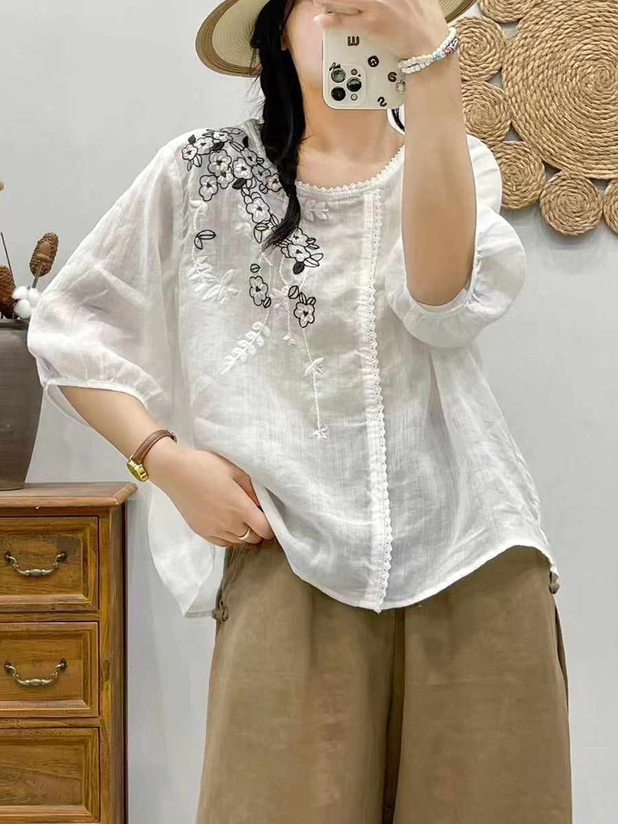 Women Summer Artsy Flower Embroidery Ramie Pullover Shirt