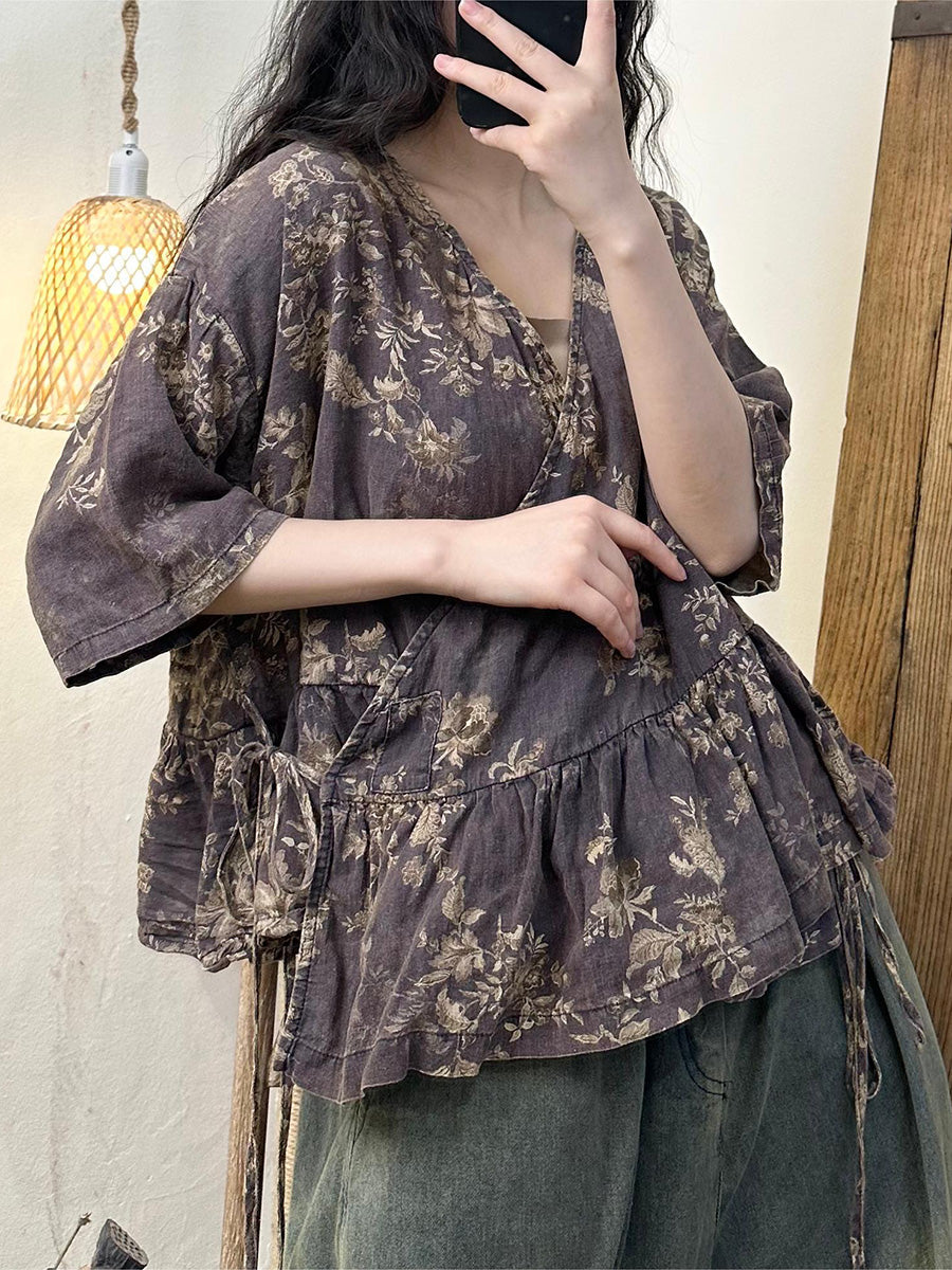 Women Vintage Flower V-Neck Spliced 100%Linen Shirt
