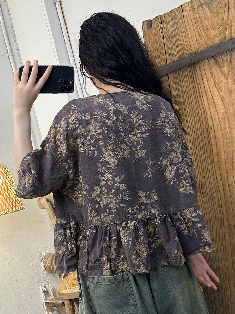 Women Vintage Flower V-Neck Spliced 100%Linen Shirt