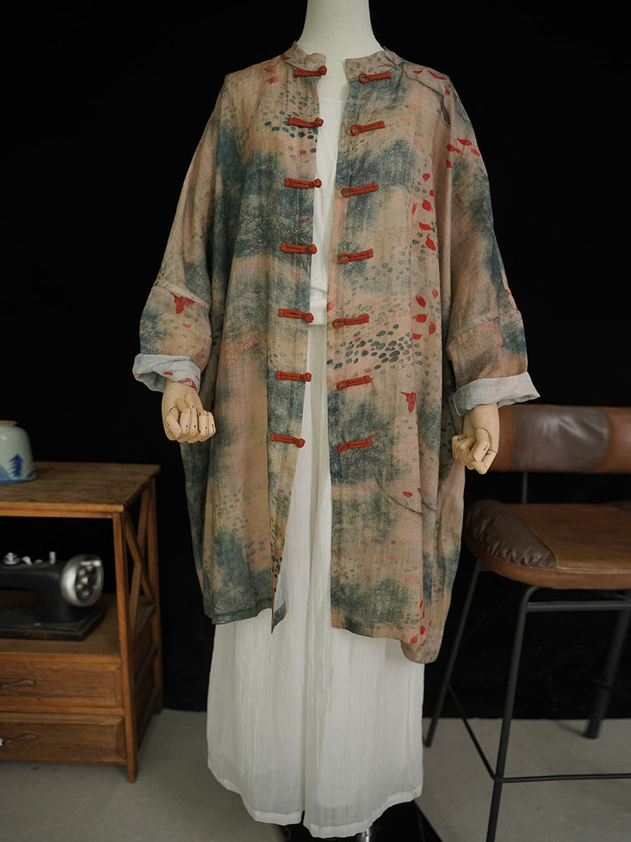 Women Autumn Ethnic Print Button Ramie Long Shirt Coat