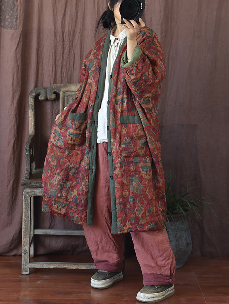 Women Winter Flower V-Neck Linen Cotton Padded Coat