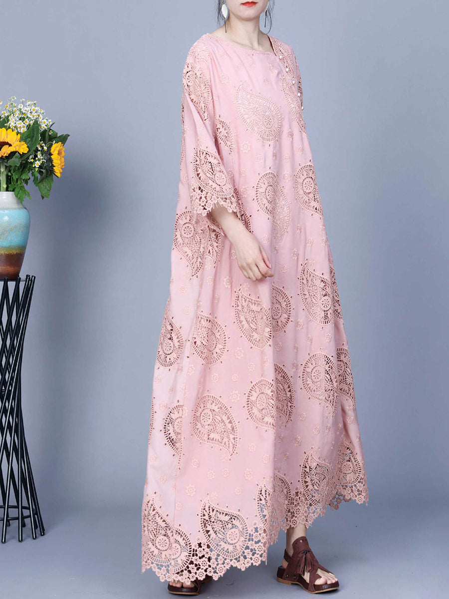 Women Autumn Artsy Dual-layer Cutout Lace Loose Dress