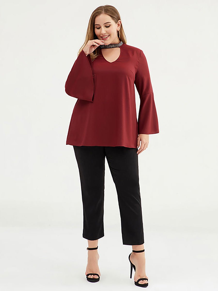 Plus Size Women 3/4 Flare Sleeve Solid Color T-shirt