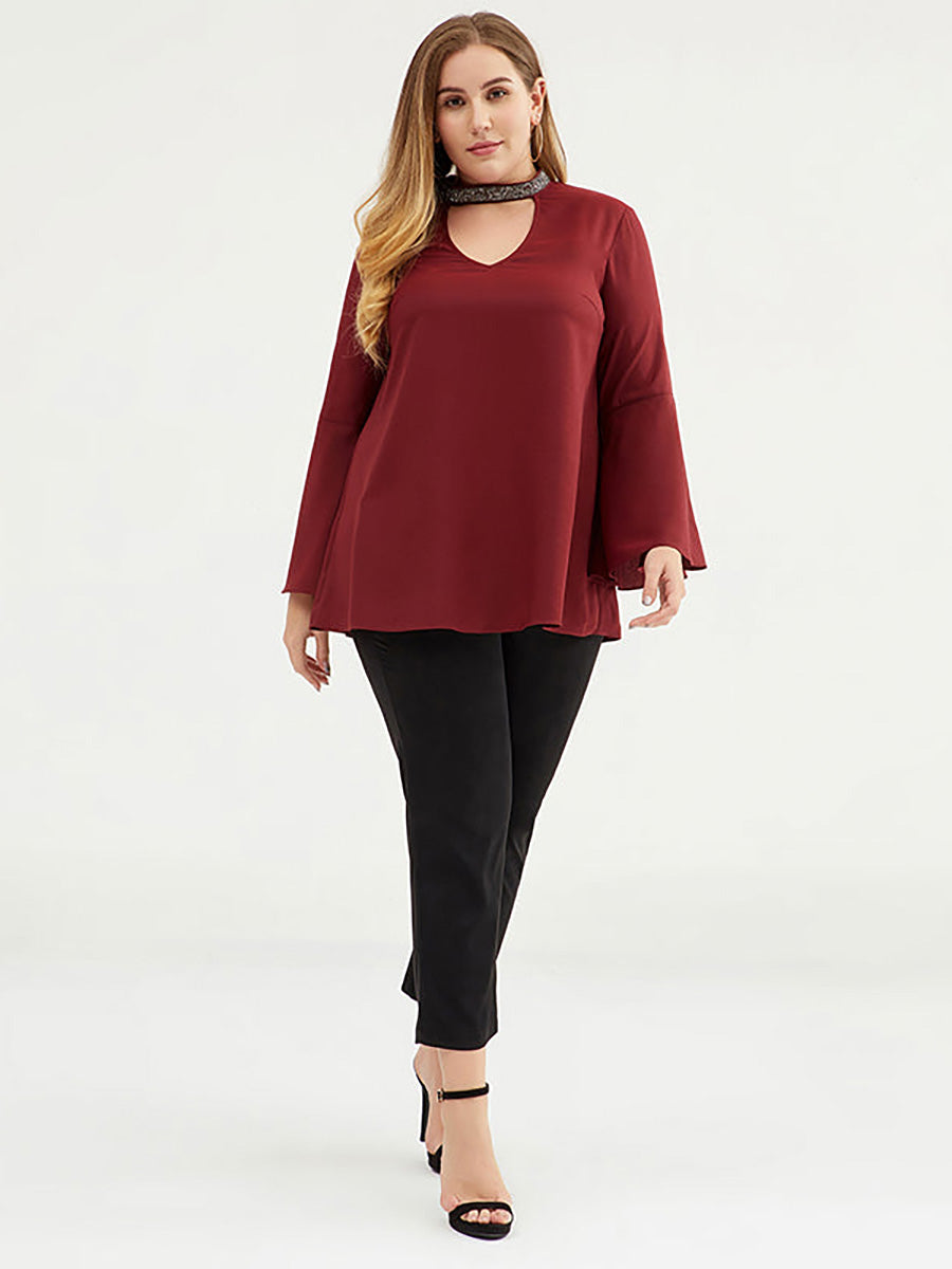 Plus Size Women 3/4 Flare Sleeve Solid Color T-shirt