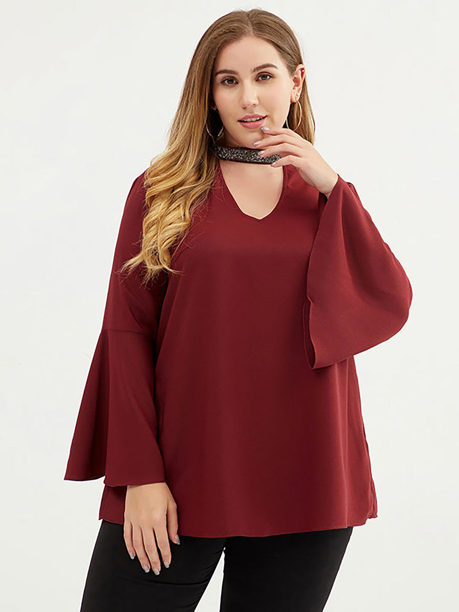 Plus Size Women 3/4 Flare Sleeve Solid Color T-shirt