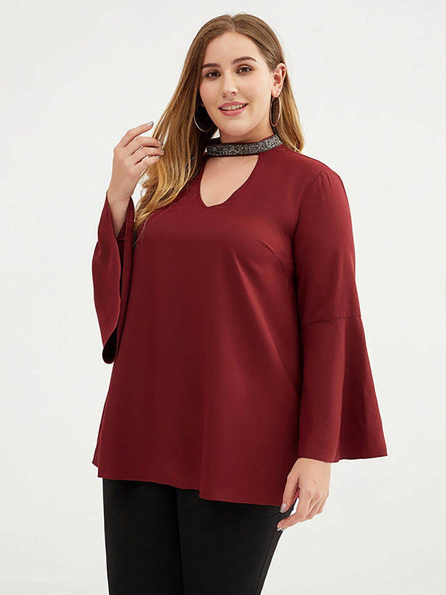 Plus Size Women 3/4 Flare Sleeve Solid Color T-shirt