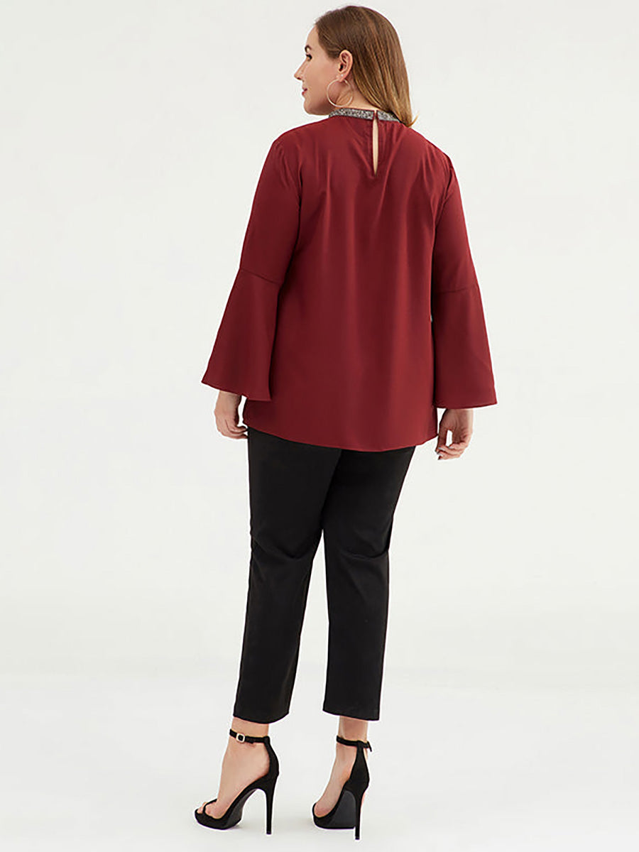 Plus Size Women 3/4 Flare Sleeve Solid Color T-shirt