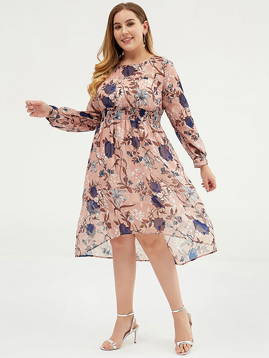 Plus Size Women Floral Chiffon Midi Dress With Belt